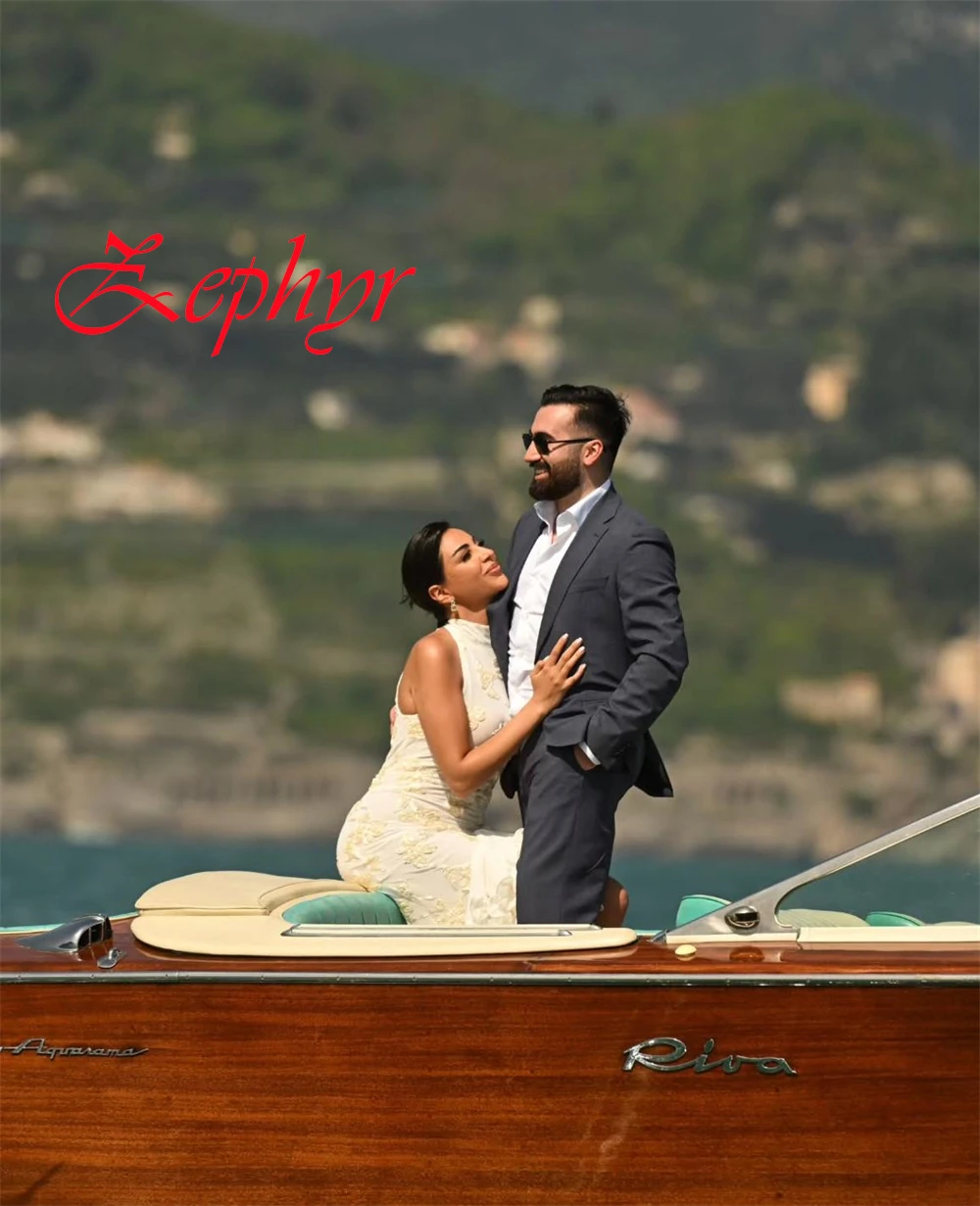 Vestido de novia de Jersey blanco exquisito personalizado, vestidos de novia elegantes sin mangas con cuello Halter, vestido de cola de barrido con volantes y cremallera en la espalda