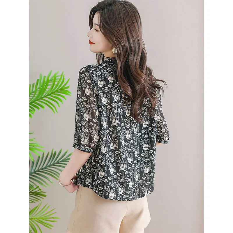 Women Clothes Summer Casual Fashion Simplicity Printing Thin Chiffon Shirts Women's Trend All-match Elegant Temperament Tops