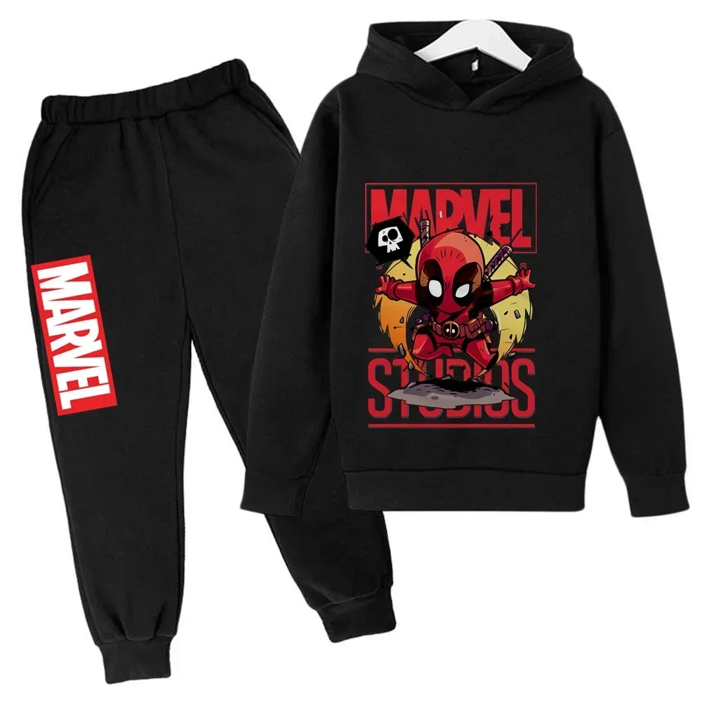 Marvel The Avengers Superhero Deadpool Children Sweatshirt Pant Suit Boy Girl Kid Hoodie 2pcs Set Casual Aesthetic Clothes