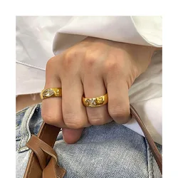 Brass With 18 K Gold AAA Zircon Solid Ring Women Jewelry Stuning Designer T Show Club Cocktail Party Rare Japan Korean INS