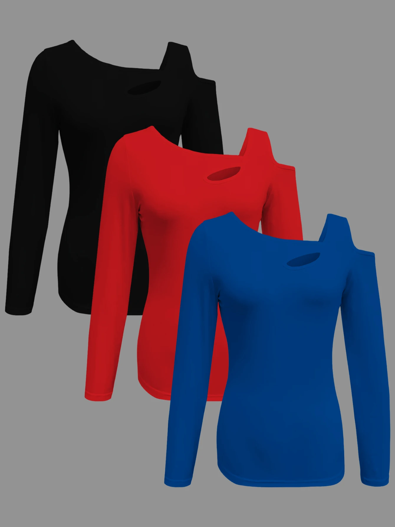 

Элегантный женский комплект из 3 предметов: однотонная футболка с длинным рукавом и асимметричным открытым плечом