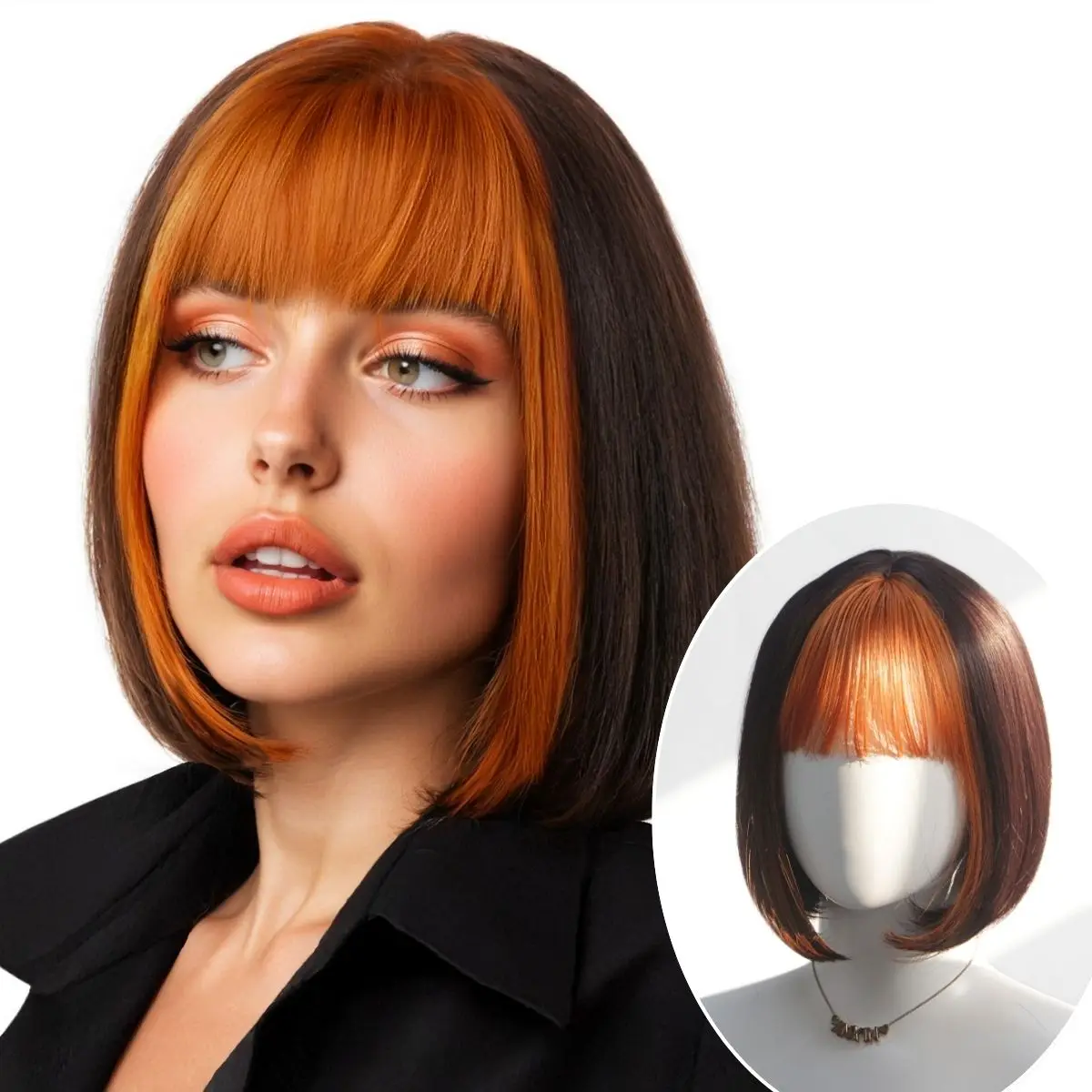 

Girls' Orange Bangs Student - Style Wig, Orange and Dark Brown Color - Blocked Medium - Short Hair, Ladies' Synthetic Wig