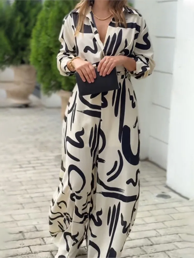 Spring Autumn Black White Print Jumpsuits Women Long Sleeve V-neck High Waist Wide Leg Jumpsuit Fashion Lady Commuting Clothing