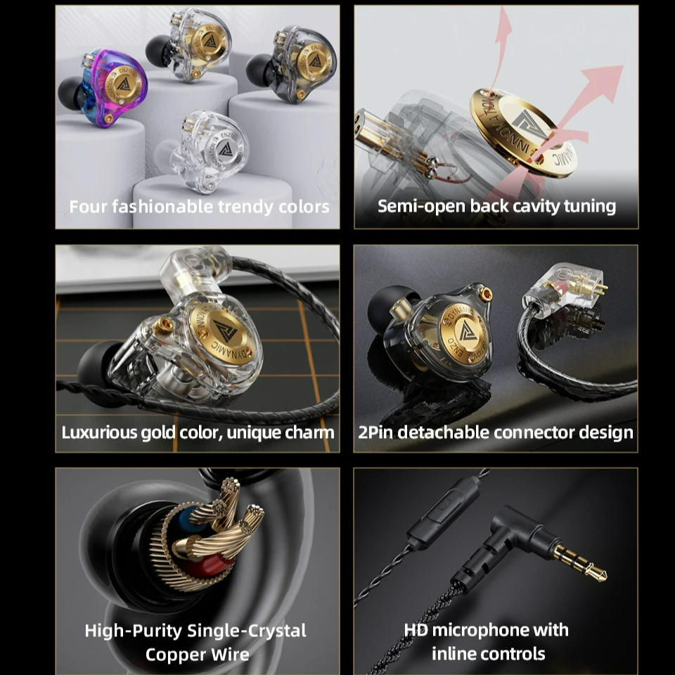 Detachable Cable Earphones with Mic Hi-Fi in-ear Monitors for Mobile Phone Wired headphones for Clear calls Music Gaming Studio
