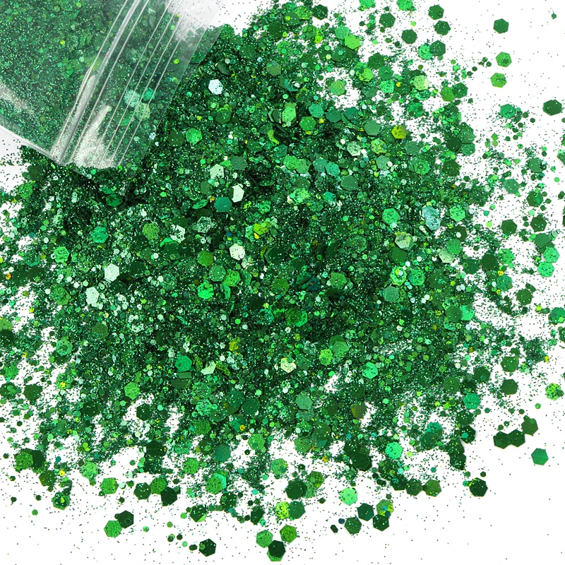 50g/Bag Holographic Green Nail Glitter Powder Mixed Hexagon Flake Sequins Nail Art Decorations for Manicure Paillette DIY Design