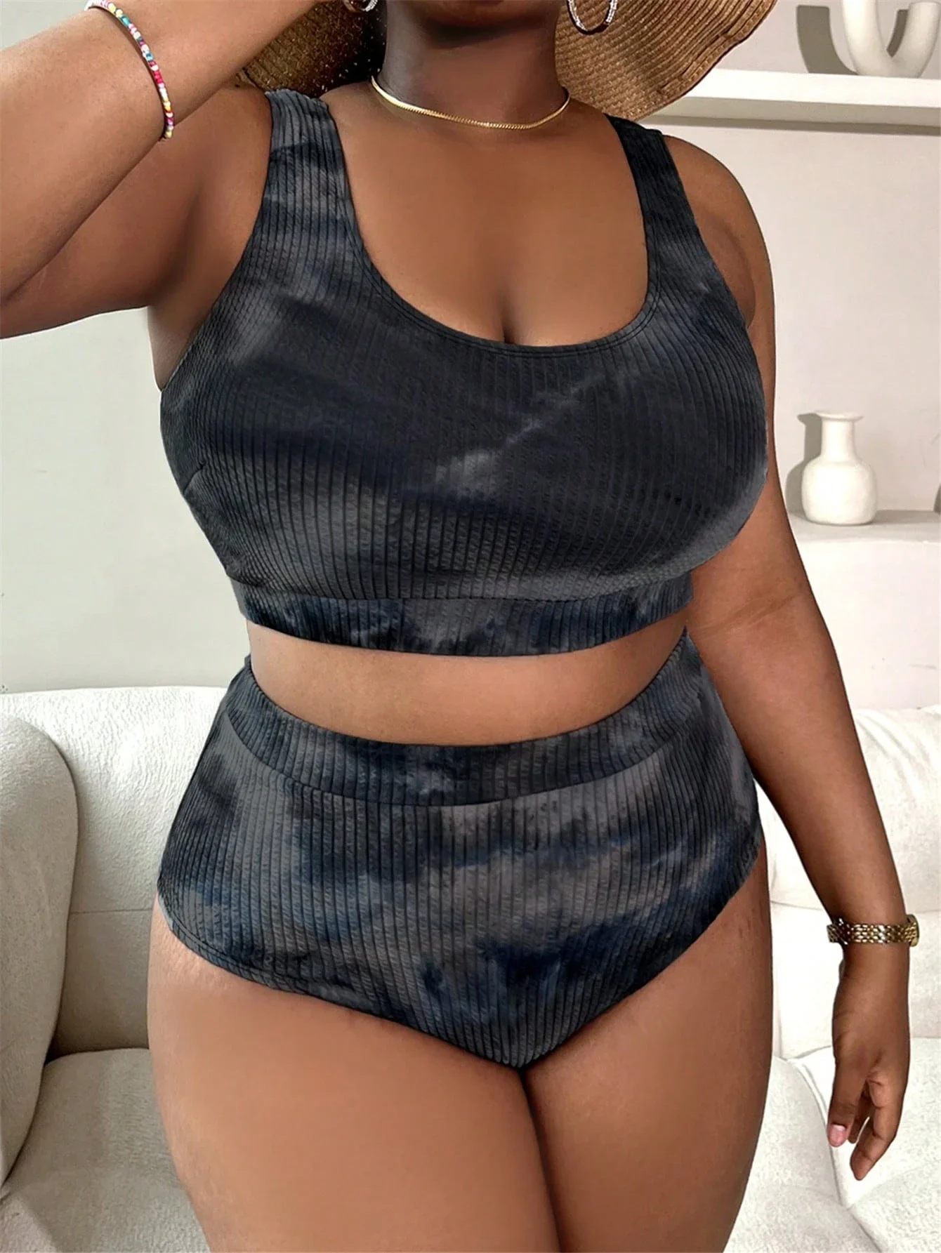 Plus Size Tie Dye Ribbed Tankini Set Casual Beach Swimwear
