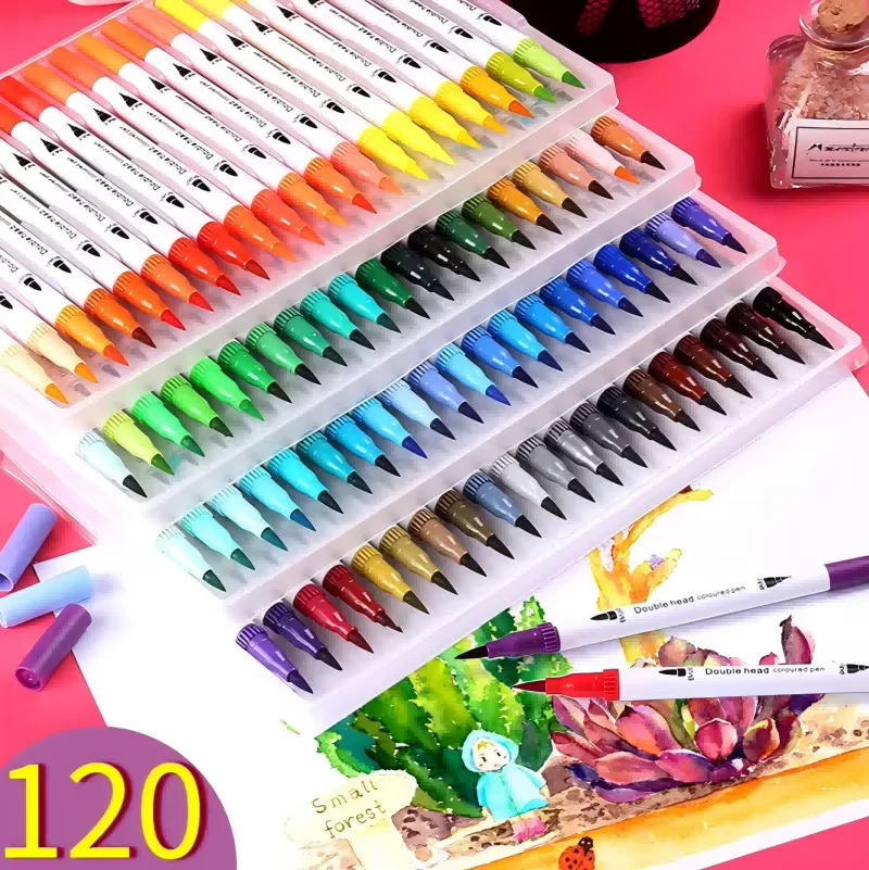 120 Colors Felt Tip Drawing Watercolor Art Markers Pen Dual Brush Fineliner Colouring Pen Set for Art Calligraphy Painting