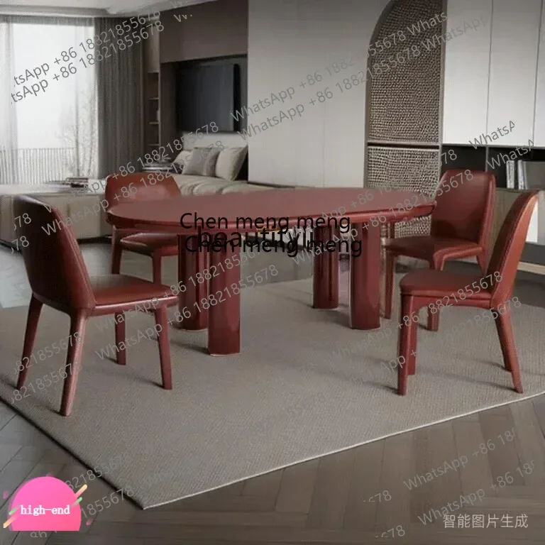 Solid wood dining table wabi-sabi wind oval glossy red desk simple small apartment negotiation table  AB