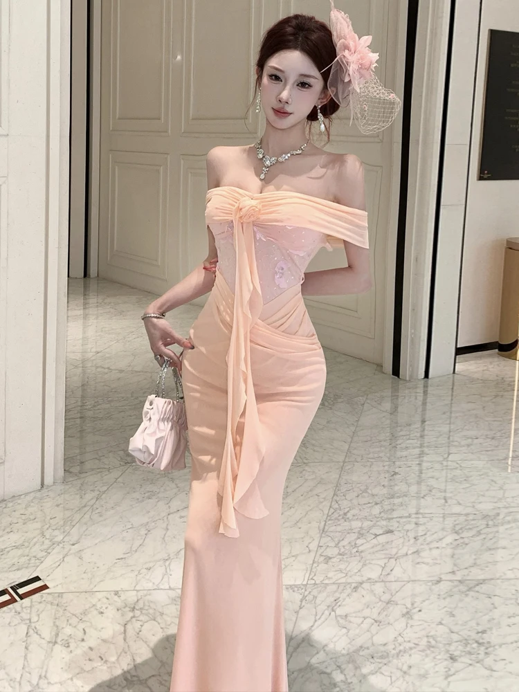 Vestido de Tubo de Malla con Flores, Estilo Princesa, Sexy y Ajustado, de Cintura Alta, con Cola de Pez, para un Look Dulce y Atractivo