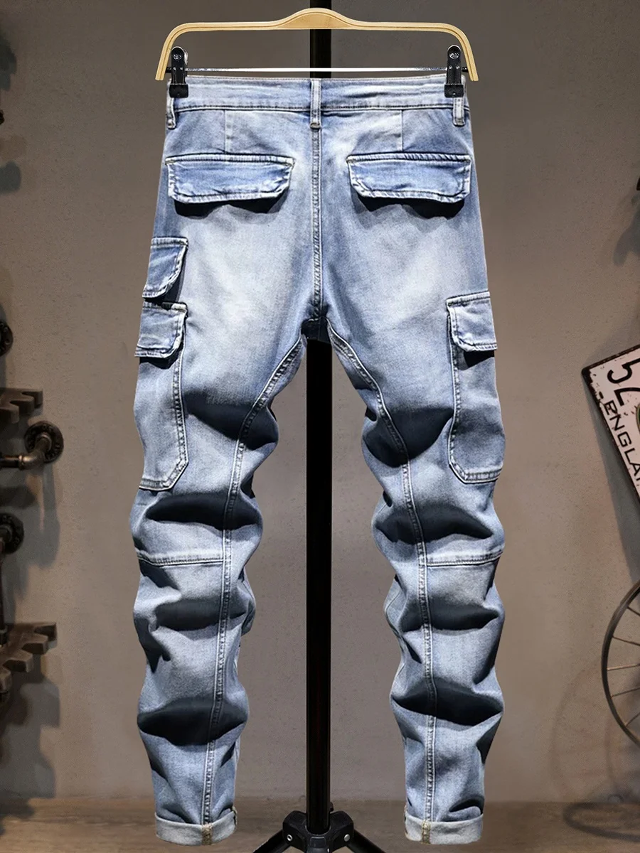 

Trendy Men's Denim Jeans Multiple kets Straight Leg Outdoor Casual Workwear Elastic Cotton Polyester Blend Youth Faion
