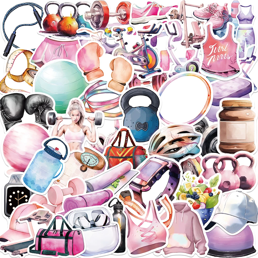 50pcs Cute Fitness Equipment Stickers Graffiti Cartoon Phone Fridge Suitcase Laptop Notebook Wall Sticker Gift for Kids Teens