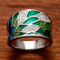 Huitan Bohemia Style Green Leaf Enamel Ring for Women Charming Ladies Rings Dance Party Fancy Birthday Gift Fashion Jewelry
