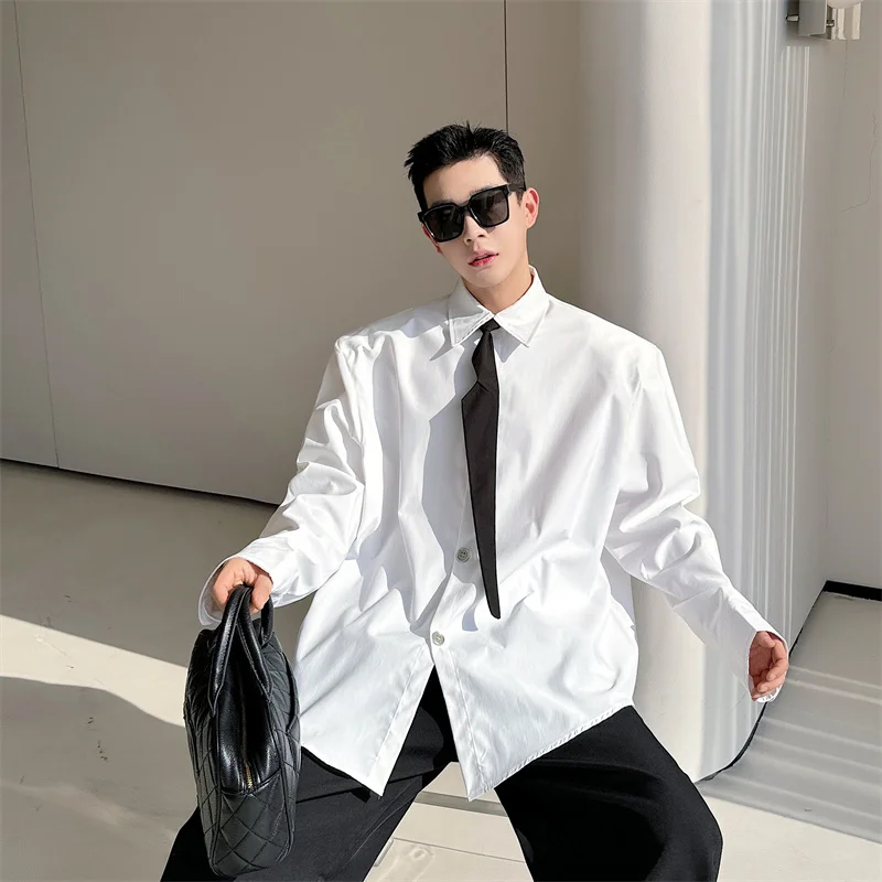 

Spring 2025 Loose Long Sve Men's irt Korean College Sle Detachable Tie Design oulder Pads High-End Feel Stand Fit