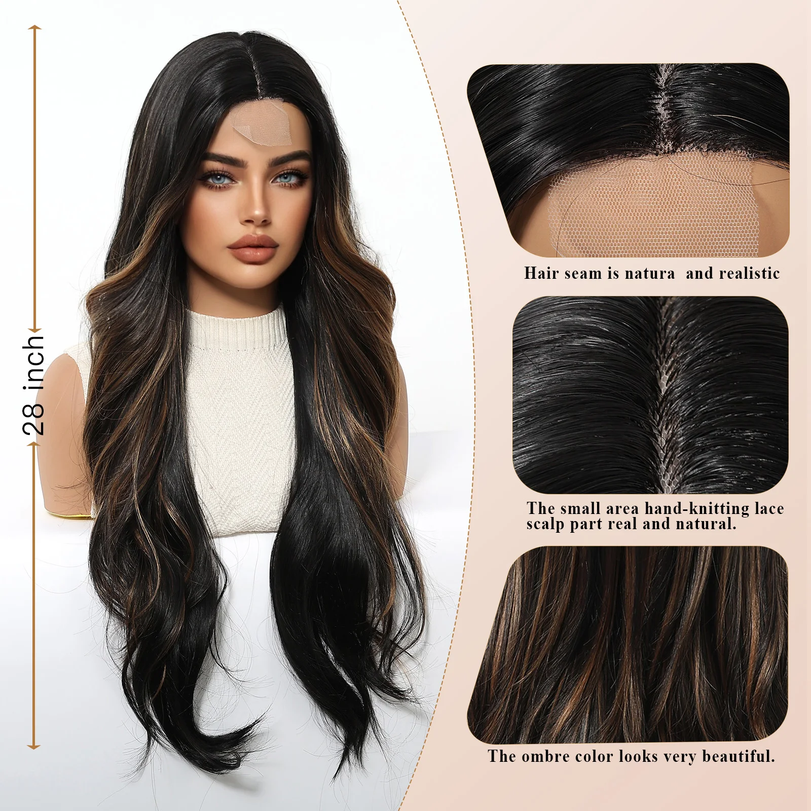 Afbeelding 4: LOUIS FERRE Hoogtepunten Zwart Bruin Pruiken Lange Body Wave Haarlijn Lace Front Synthetische Pruik Voor Vrouwen Dagelijks Natuurlijke Middelste Deel Pruik