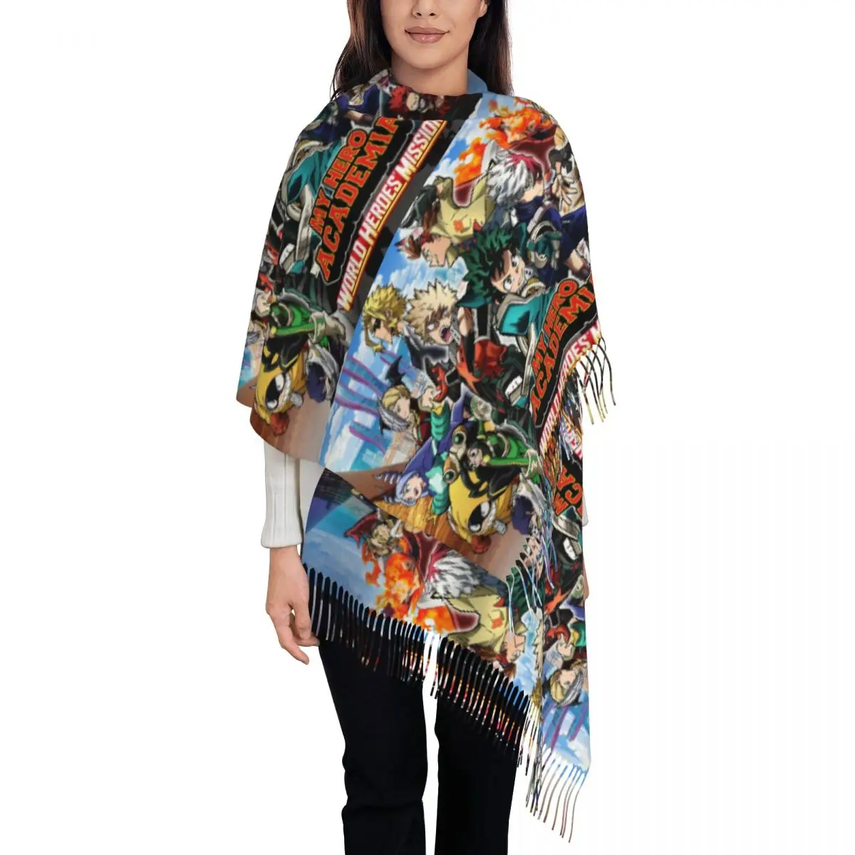 

Женские большие шарфы в стиле манга My Hero Academias в стиле японского аниме, женские зимне-осенние мягкие теплые шаль с кисточками, шарф