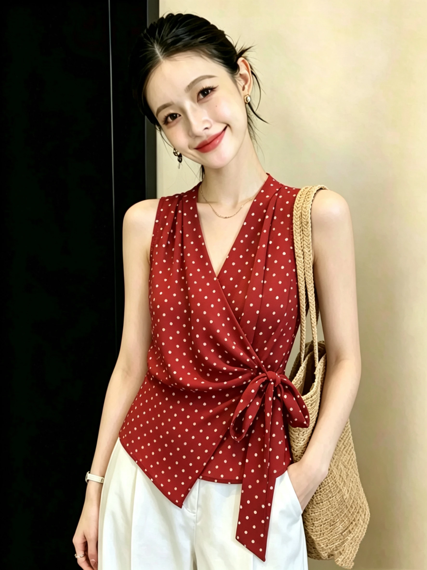 

Red Polka Dot Cross Tie V Neck Summer New Style Irregular Sleeveless Women's Shirt Fashionable Lace Top Snowflake Pattern