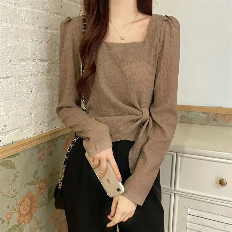 

New Retro Square Neck Irregular Tie Detail Loose Long Sleeve Blouse