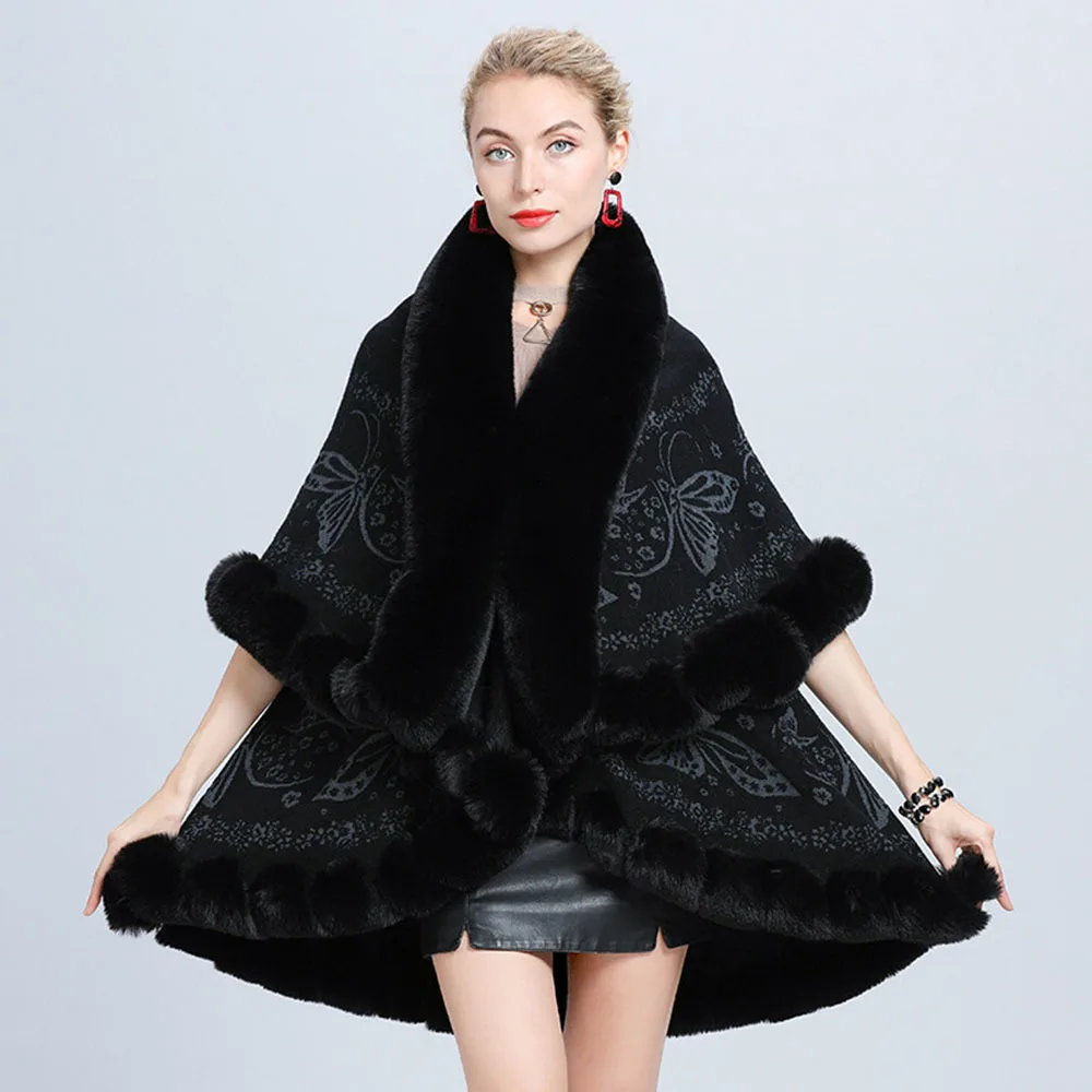 

Winter 6 Color Warm 2 Layers Jacquard Weave Thicken Poncho Cape Womens Overcoat Loose Fur Cloak Faux Fox Fur Cardigan Retro Coat