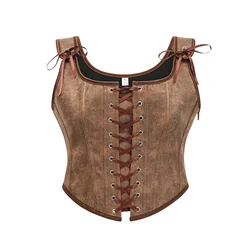 Brown Vintage Overbust Front Tight Lacing Waist Trainer Corset Vest Gothic Clothes Woman Sexy Steampunk Medieval Bustier Top