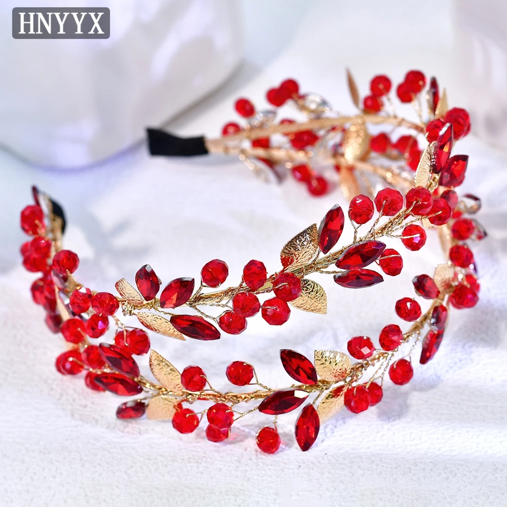 HNYYX Luxury Red Color Crystal Rhinestone Bride Hair Hoop Alloy Leaf Women Wedding Headpieces Accessories Party Headband A415