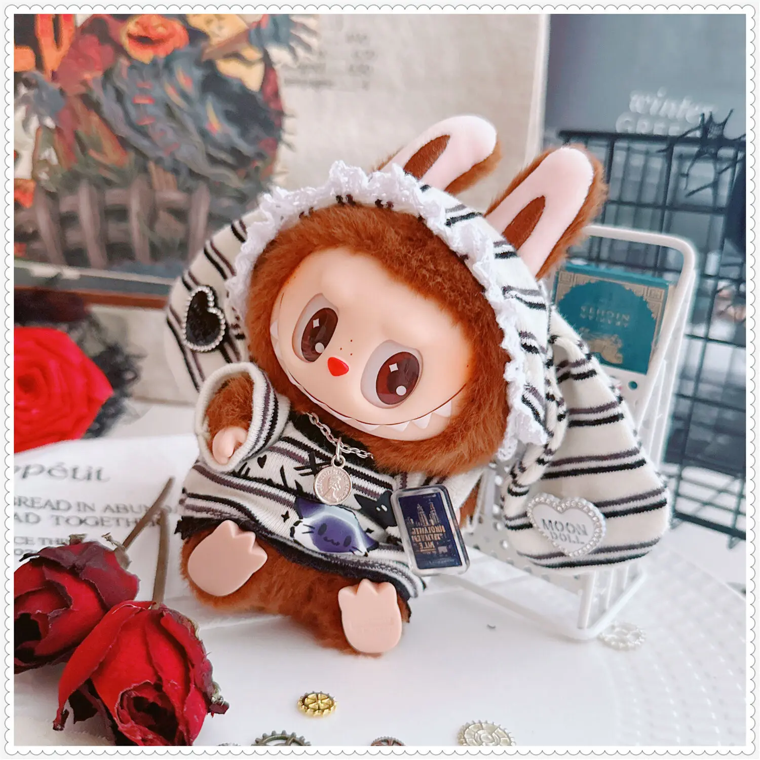 

Clothes For DIMOO/ LABUBU 15cm / 17cm 1st-3rd Gen Striped Lace-Trimmed Onesie With Rabbit Ear Headband Set