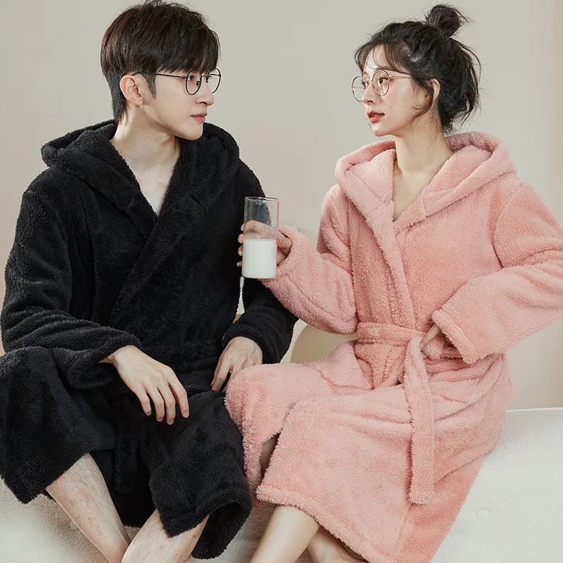 Bathrobe Woman Shower Couple Pyjamas Nightgown Women Homewear Hooded Men Winter Thickened Long Flannel Suit Easy to Clean Black