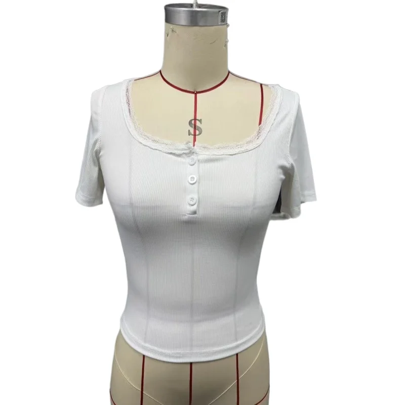 European and American Cross-border Amazon Summer Lace Button V-neck Slim-fitting Short-sleeved Top Women's New Autumn T-Shirts