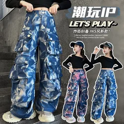 Junior Girls Casual tie-dyed Hip Hop cargo pants teen kids Dance Wide leg pants children clothes Multiple pockets trousers 10 14