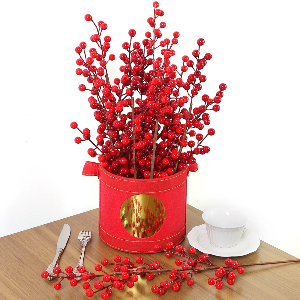 Artificial Red Berry Bouquet Christmas Decoration Fake Flower for Home Decor Xmas Tree Navidad New Year 2023 Ornaments Accessory