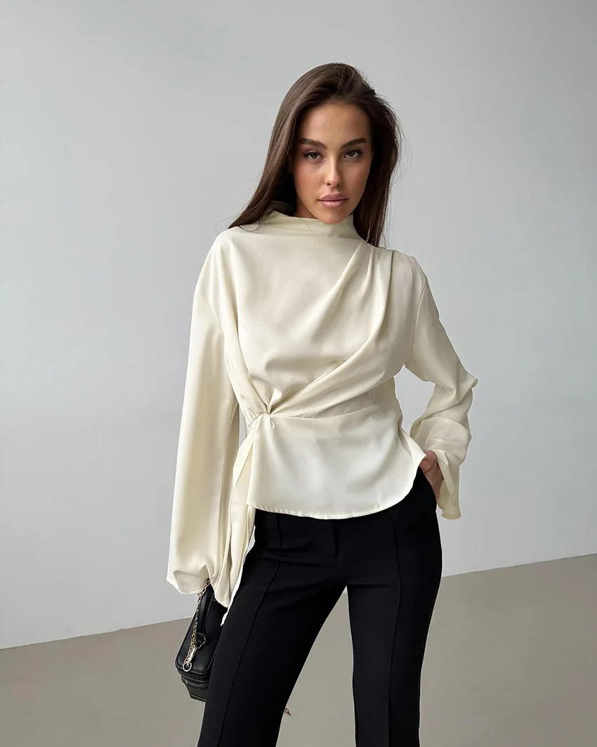 التنقل قميص أنيق الخصر جرس كم تصميم المرأة أعلى بسيط تنوعا أعلى الربيع والخريف الملابس النسائية الجديدة