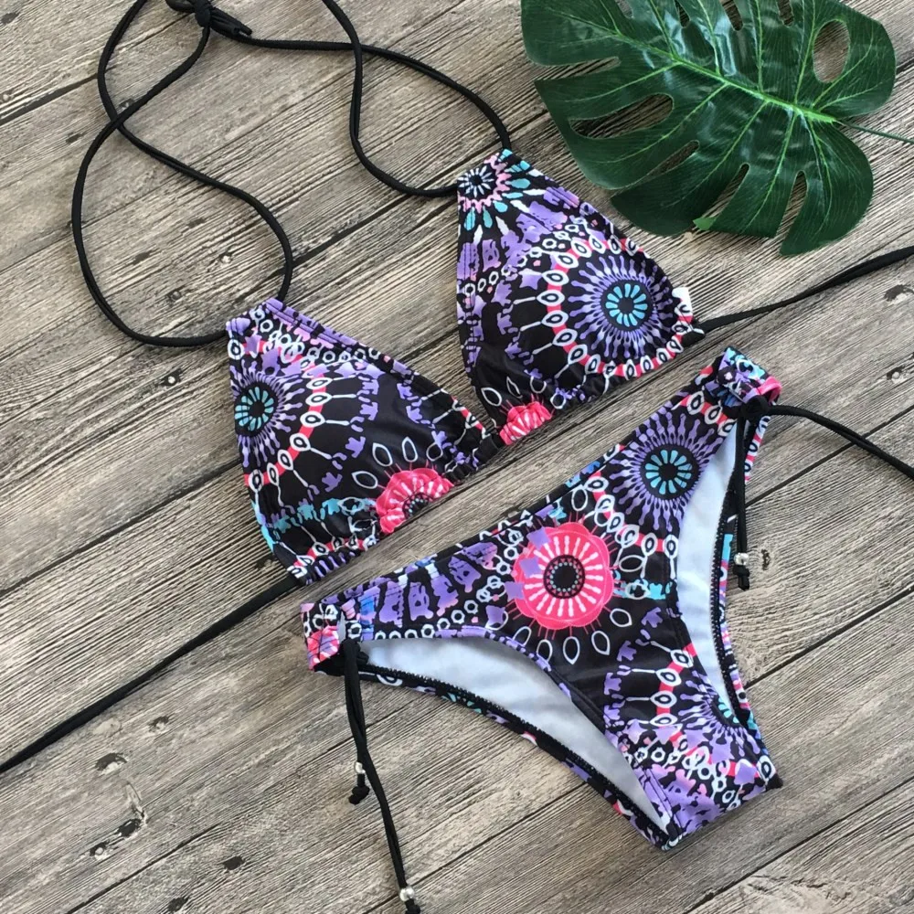 Damski zestaw Bikini Boho Sexy Bikini-kombinezony sznurowane plażowe-sukienka Surf sportowy strój kąpielowy dwuczęściowy Wrap letni kostium