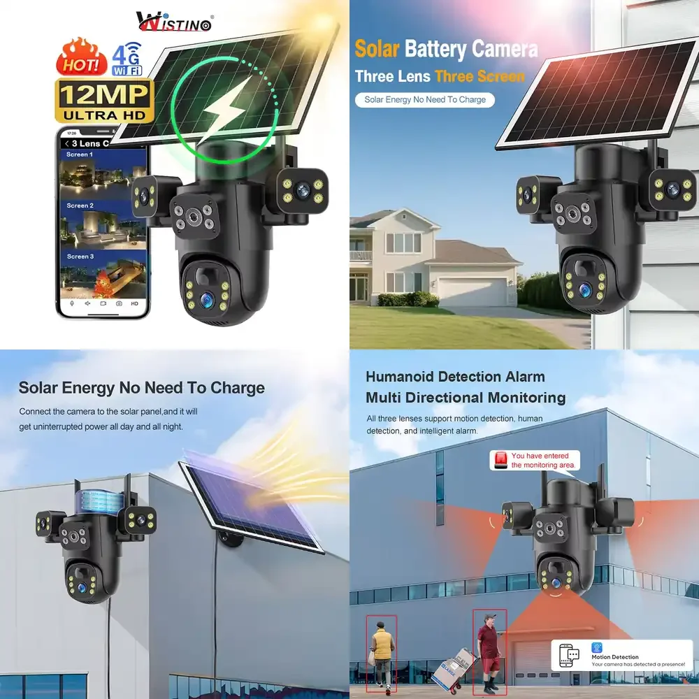 

3Lens 12MP 4G Card Solar PTZ Security Camera for Eseecloud Outdoor 360° Network CCTV Camera with
