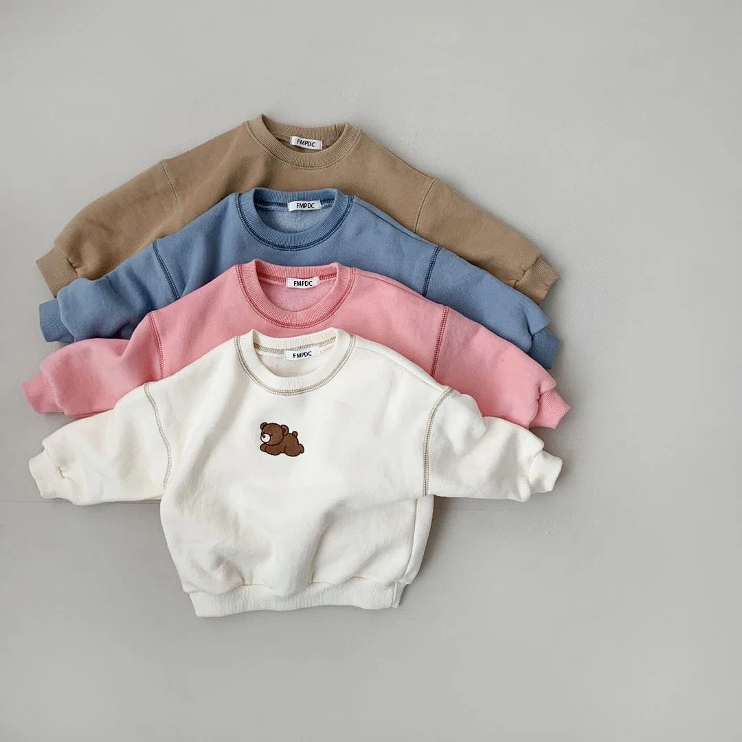 Newborn Baby Girls Boys Solid Color Clothes Set Bear Embroidery Long Sleeve O-neck Tops + Long Pants Kid Clothing Accessories