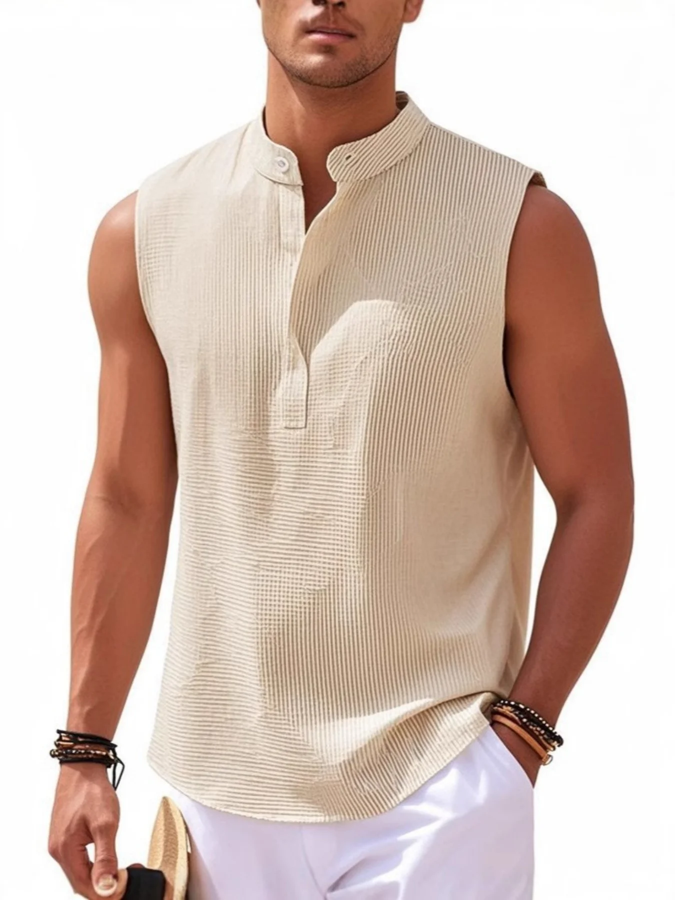 Men's waffle shirt with Henry collar design, suitable for running, casual beach wear, plain-colored top, retro street style