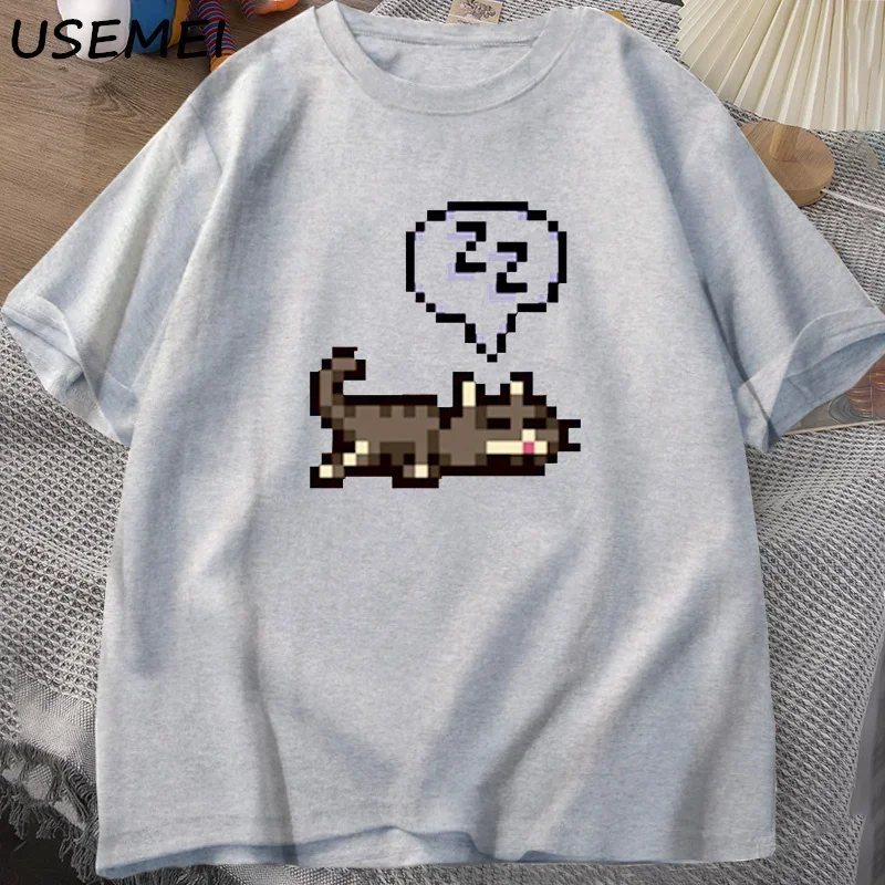 Stardew Valley Sleeping Cat Sploot Graphic T Shirts Men Casual Funny Short Sleeve T-shirt Unisex Cotton Tees Men\'s Clothing