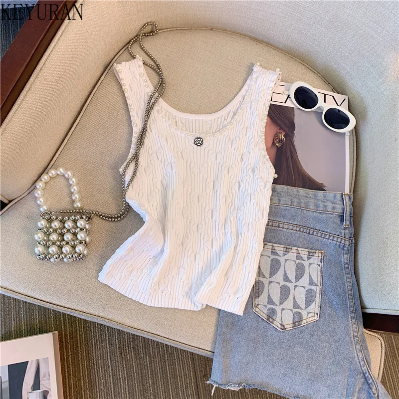 2024 Summer Pearl Beading Sleeveless Sweater Vests Women Pullover Slim Sexy Knit Tank Crop Tops Vintage Fashion Knitwear Jumper