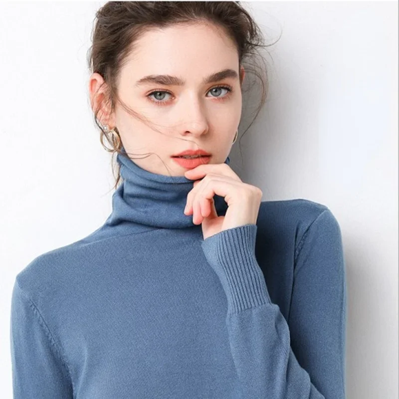 Sweter damski z golfem ciepły zimowy solidny koreański rozciągliwy szczupła dama swetry kaszmirowy czarny sweter sweter Femme podstawowa dzianina