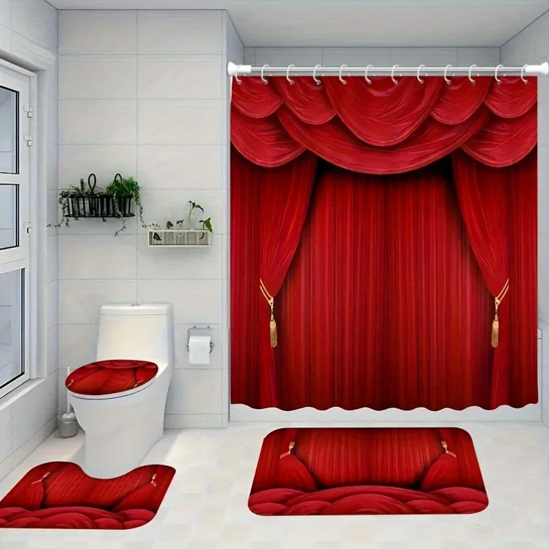 4-Piece Red Drapery Pattern Bath Ensemble with Water-Resistant Artistic Knit Polyester Bath Accessory Set Including 12 Hooks, No