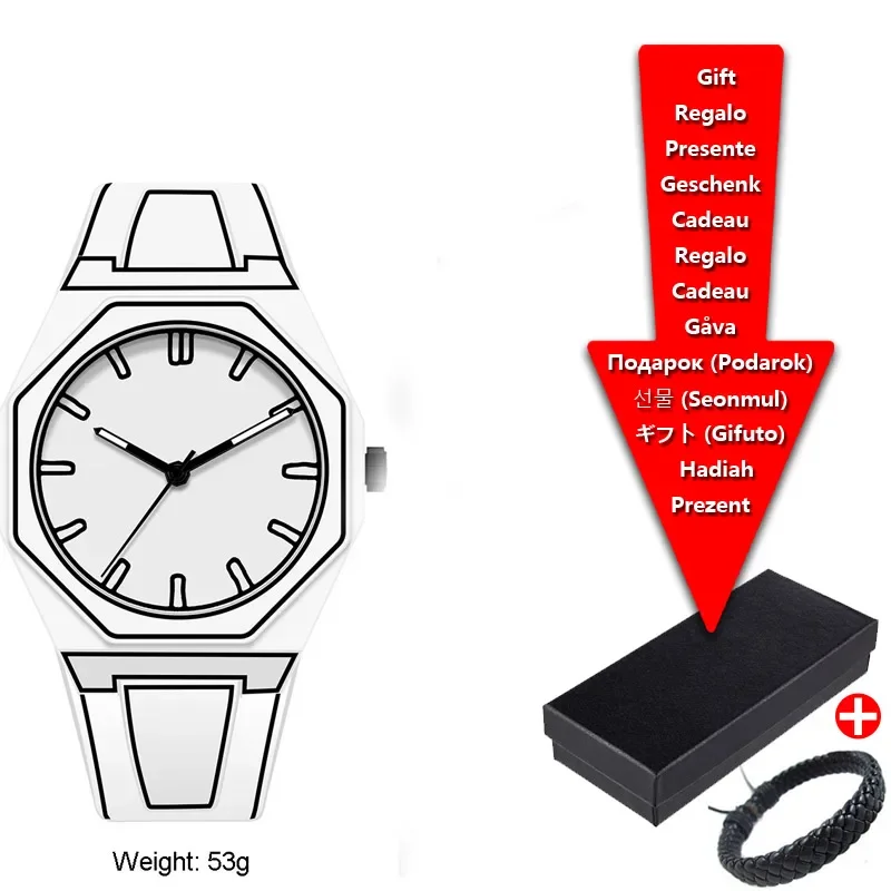 موضة جديدة أبيض وأسود رسم تصميم جولة الطلب الكبير التقويم مقاوم للماء الأعمال ووتش الترفيه الرياضة على مدار الساعة للرجال