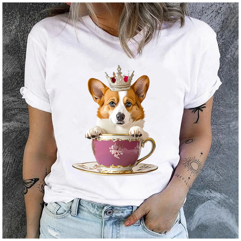 Cotton 100% Royal Crown Corgi In Vintage Floral Teacup Graphic Women Short Sleeve Dog Lover T Shirt Tops