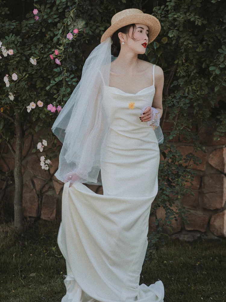 White Strapl Long Dr Travel Photoaphy Wedding Dr Korean Sle mid Waist Floor Length No Sve for Wedding And Date