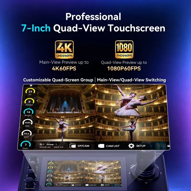Hot Sale Tenveo NDI PTZ Camera Controller 4 Split Touchscreen Joystick, PoE IP PTZ Controller Keyboard for Livestreaming
