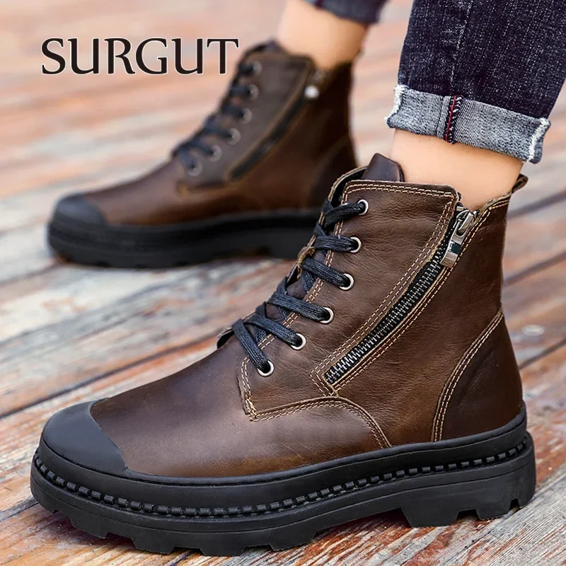 SURGUT Classic Brand Men Boots Handmade Men\'s Shoes Casual Leather Ankle Business Male Spring Autumn Working Boots Motocross