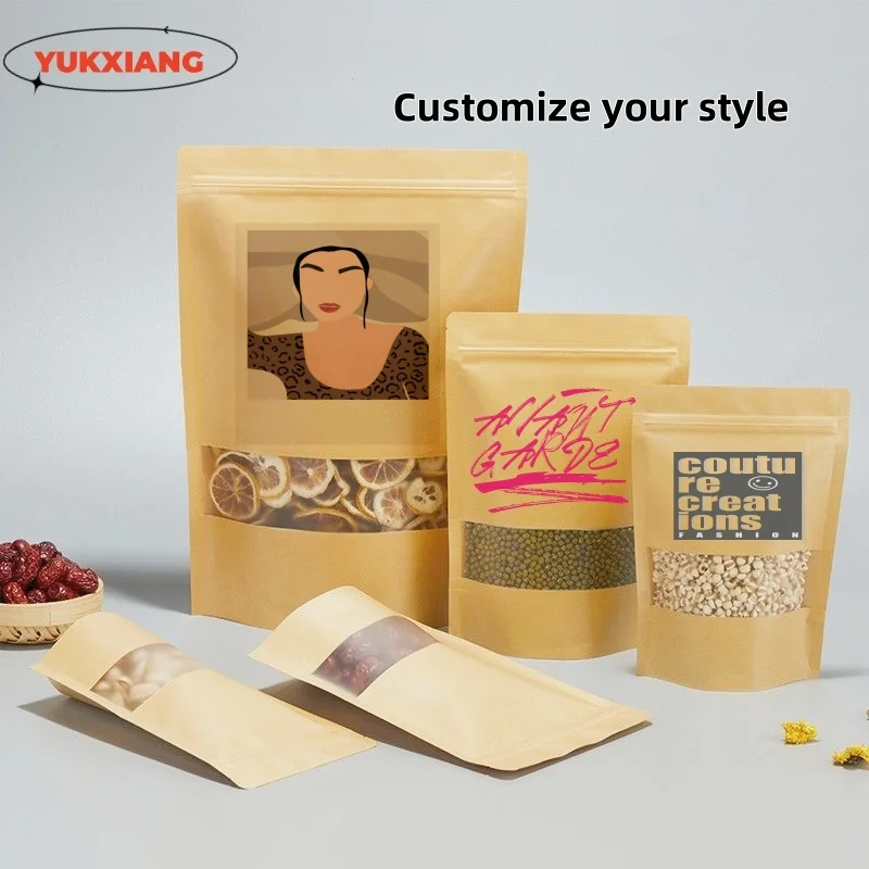 Self-Supporting Kraft Paper Zipper Bag, Window Moisture-Proof Bag, Gift Nut Sugar Tea Deli Baked Food Bag