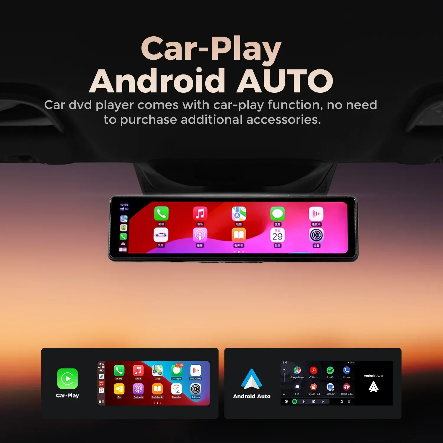 Cámara con espejo de 11,26 pulgadas, grabadora de vídeo, cámara frontal 2K y 1080P, cámara Interior para coche, espejo, Carplay, Android, Auto, BT, AUX, Radio FM