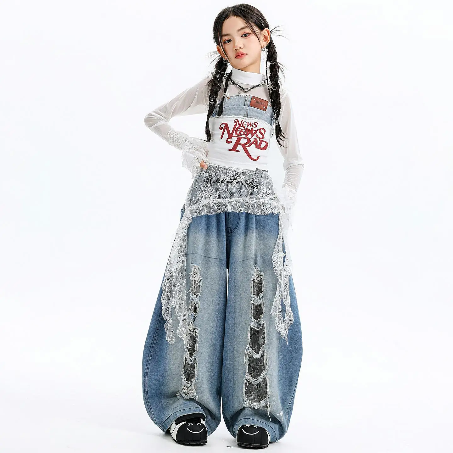4-17 kids girls Jazz Hip Hop Street Dance Costume Girl Group Style Performance clothes kids Lace ripped jeans tops child outfits