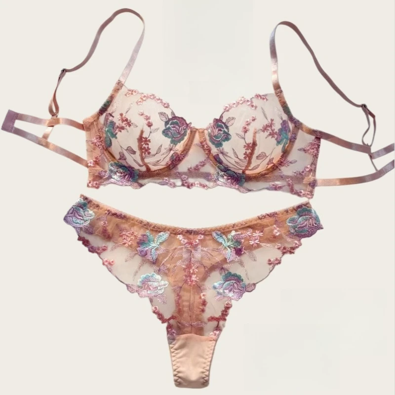 

Sweet Pastel Pink Embroidered Bra and Panties Women's Lingerie Sets Steel Ring Support Upper Cup Thin Seamless Daily Underwear