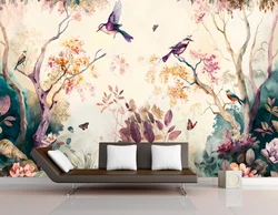 Custom sized retro floral wallpaper tree branches animals birds and flowers seamlessly background mural home decor 3d wallpaper