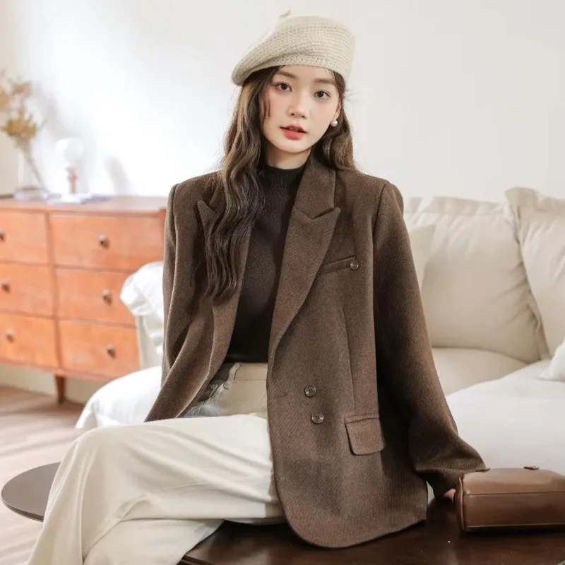 High Sense Women's Woolen One-sided Tweed Suit Coat 2024 Autumn Winter All-match Woolen Jacket Loose Casual Thick Blazer Women