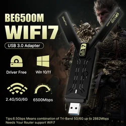 FENVI WiFi 7 BE6500 USB WiFi Adapter Tri-Band 2.4G/5.8G/6GHz USB3.0 802.11AX Wireless Network Card Free-Drive for Win 10/11